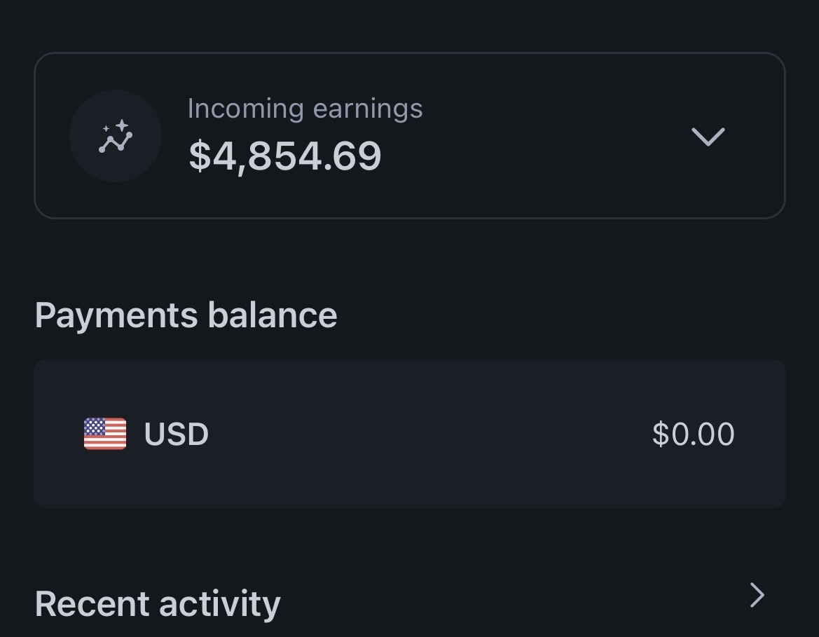 Payments dashboard showing $4,854.69 in incoming earnings